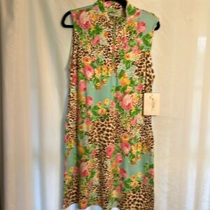 Ladies size L Gottex sleeveless zip front  dress green ,pink, brown